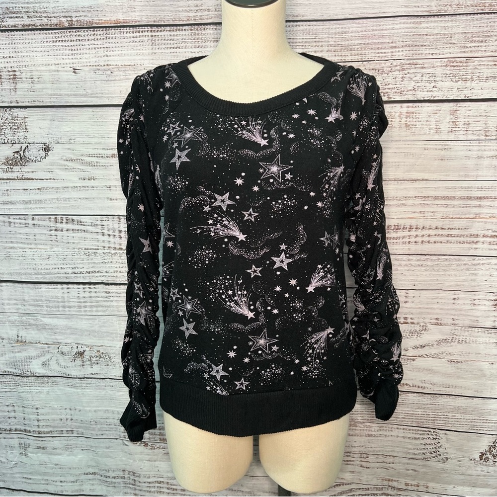 Chaser Medium Black Sweatshirt Shirred Long Sleeve Star‎ Print Whimsigoth